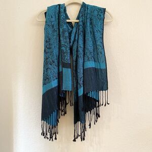 Scarf Pashmina Turquoise & Black Wrap Shawl 100% Pashmina Fringe